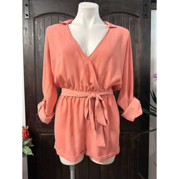Guess Pants - Guess Women Coral Pink Roll Tab Sleeve Wrap Front Romper Small